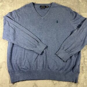 Polo Ralph Lauren Mens XL Pima Cotton V-Neck Sweater Blue Heather Pony Logo